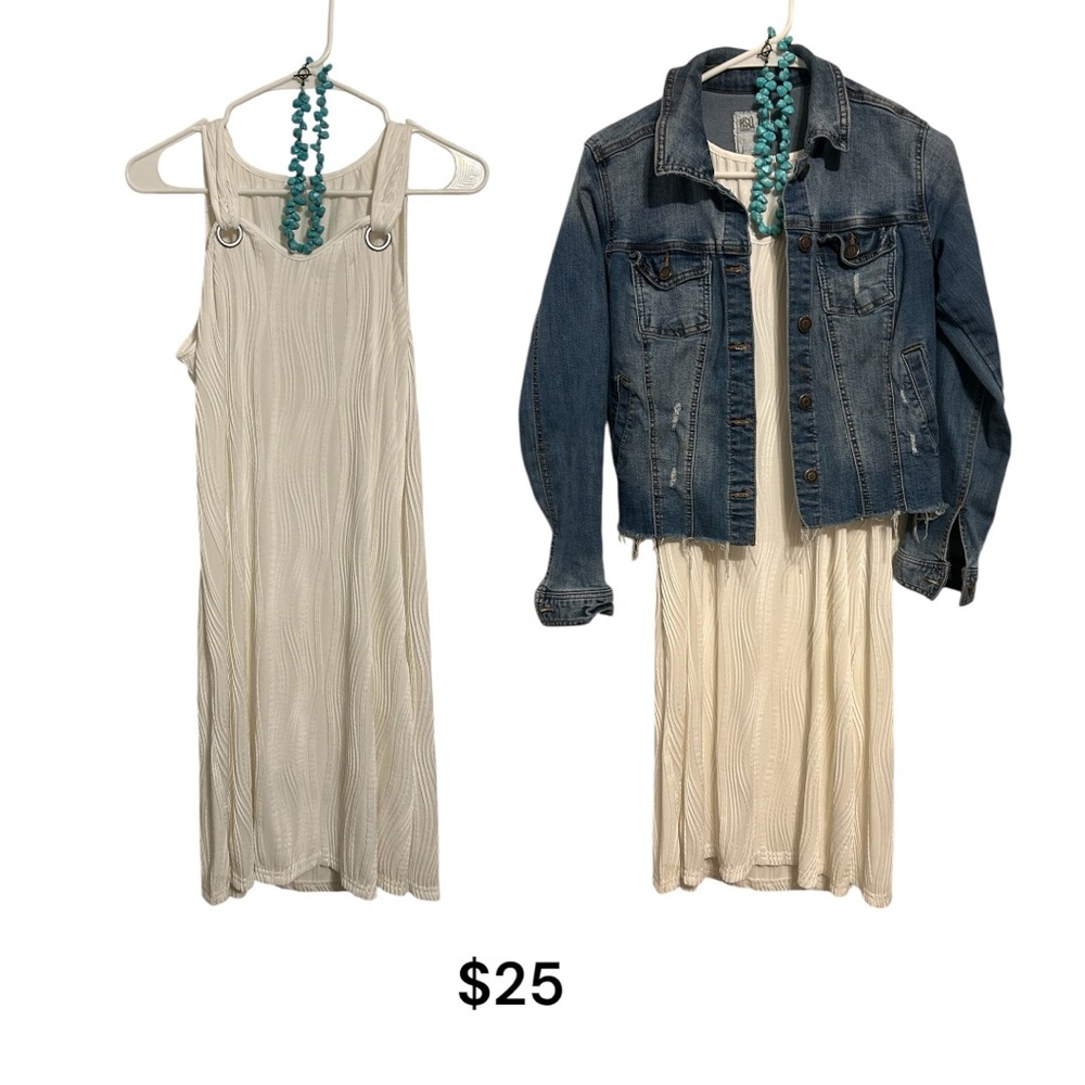 Cream Sleeveless Dress with Denim Jacket